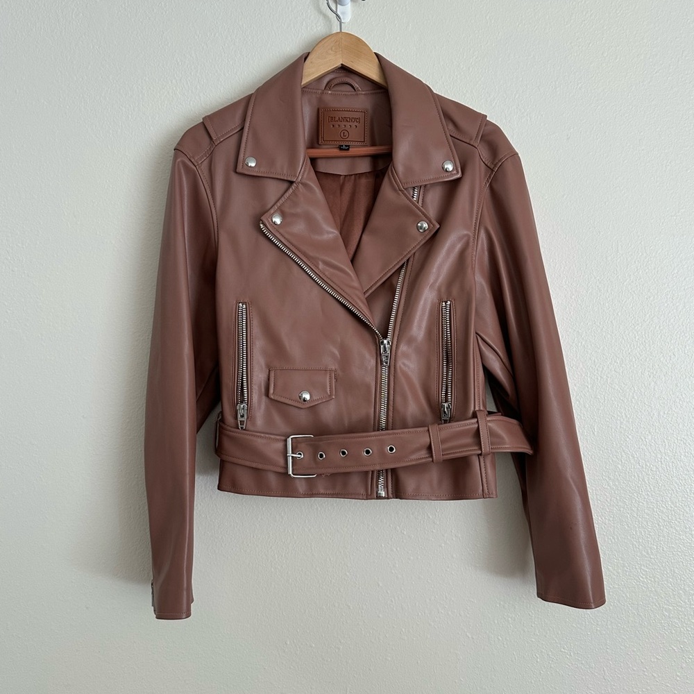 BlankNYC Vegan Leather Rose Moto Jacket Size Large belted zippers pockets